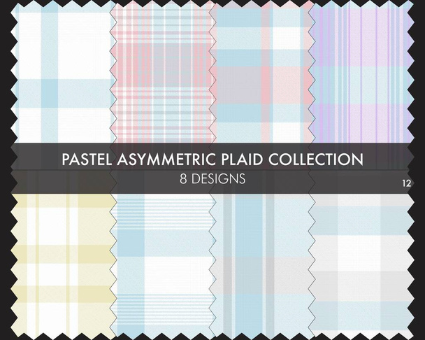 Pastel asimétrica Plaid colección de patrones sin costura incluye 8 diseños para textiles de moda y gráficos - Vector, Imagen