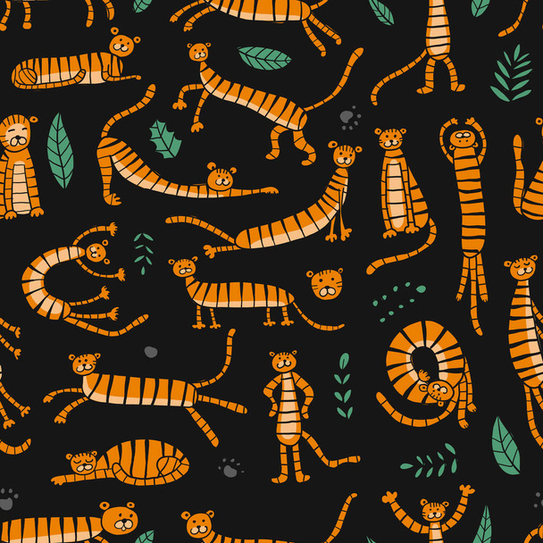 Collection of tigers and tropical leaves. Seamless Pattern for your design - Vektör, Görsel