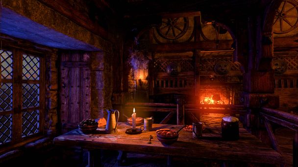 Rendering 3D interno di una taverna medievale o locanda illuminata da candele di notte con cibo e bevande su un tavolo da una finestra e fuoco a legna sullo sfondo. - Foto, immagini