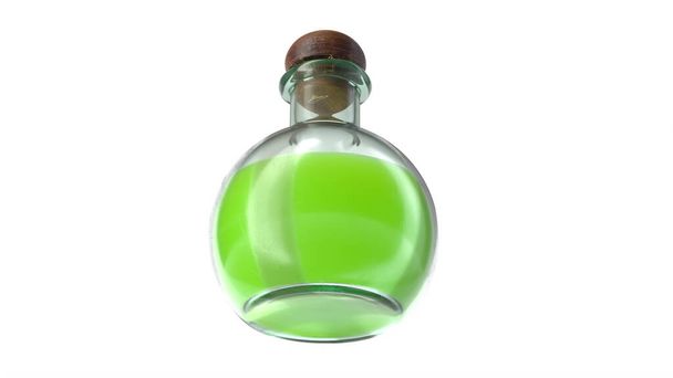 白い上に隔離された毒性のある緑色のポーションを持つ丸いガラスフラスコの3Dイラスト - 写真・画像