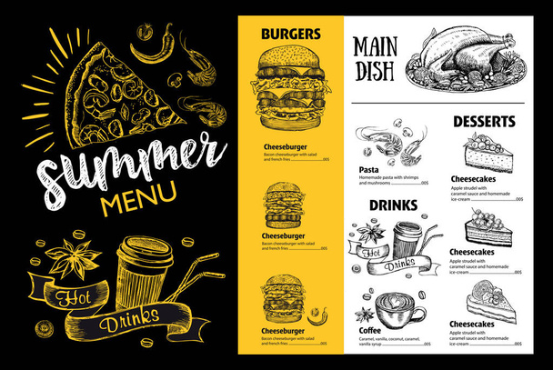 Θερινό μενού. Σχεδιασμός μενού εστιατόριο τροφίμων, ζωγραφισμένα στο χέρι εικονογραφήσεις, φορέας τροφίμων φυλλάδιο. - Διάνυσμα, εικόνα