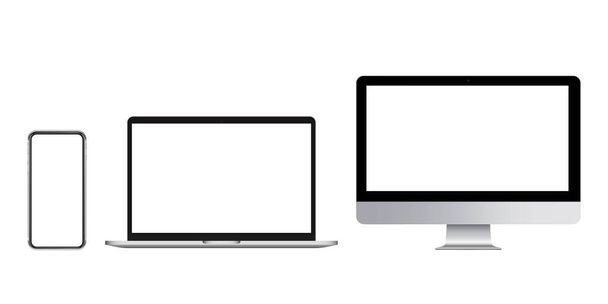 Drie apparaten met blanco scherm. Smartphone, computer en laptop met plaats voor reclame. Moderne gadgets met chromakey ruimte op het scherm. Mobiele telefoon, PC en notebook. - Vector, afbeelding