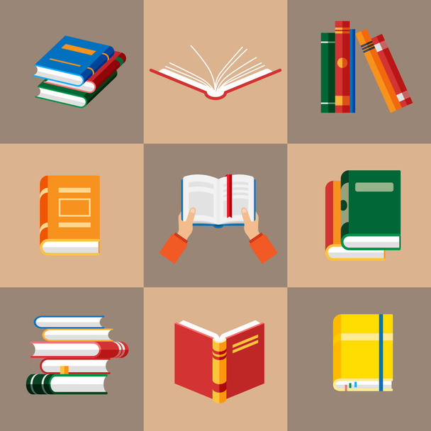 Set of book icons in flat style isolated. Opened notebook and diary with color bookmarks. Stack of literature and documents. Publication, study, learning concept. - Vector, Image