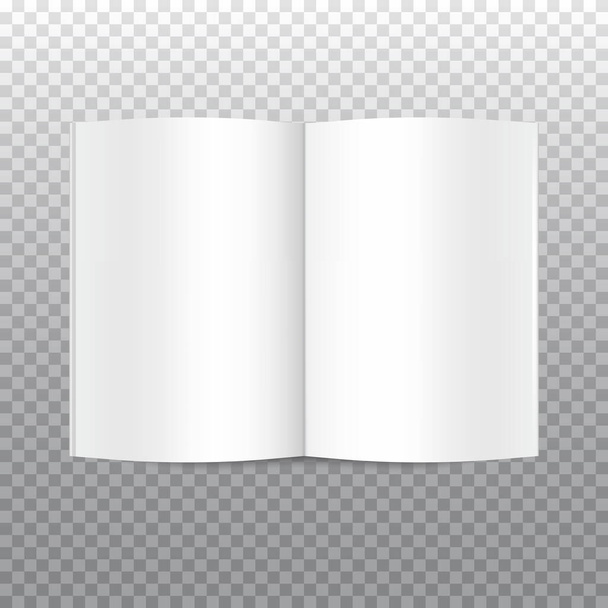 Векторний макет відкритої білої порожньої книги, ізольованої на прозорому фоні. Горизонтальний реалістичний журнал, буклет, брошура або шаблон ноутбука для вашого дизайну. На передній стороні книги
. - Вектор, зображення