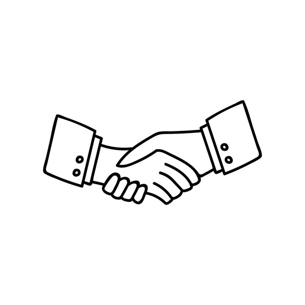 Aranyos kézzel rajzolt ikon két öltönyös ember kézfogásáról, egyetemek, üzleti partnerek közötti megállapodás, barátok köszöntése. Vektor előfizetői illusztráció elszigetelt a háttérben vázlatos. - Vektor, kép
