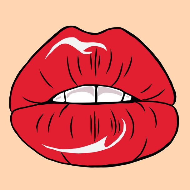  ilustración de labios rojos en el fondo beige - Foto, imagen