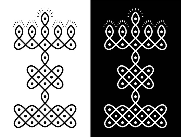 Indické tradiční a kulturní Rangoli nebo kolam design koncept zakřivených čar a teček zdobené jako tvar lampy izolované na černobílém pozadí - vektorové ilustrace - Vektor, obrázek