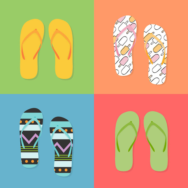Värikkäitä sandaaleja lomaa varten. Huippunäkymä. Vektorin kuvitus, litteä muotoilu - Vektori, kuva