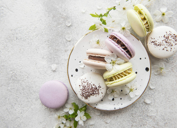 French sweet macaroons colorful variety on a concrete background with spring blossom - Photo, Image