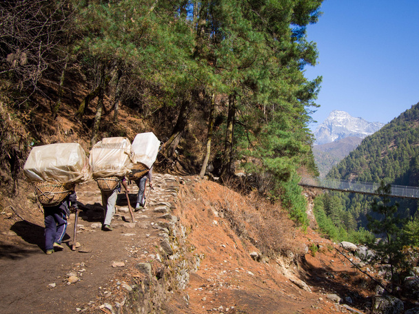 Неузнаваемые носильщики шерп на работе, регион Эверест, Непал
 - Фото, изображение