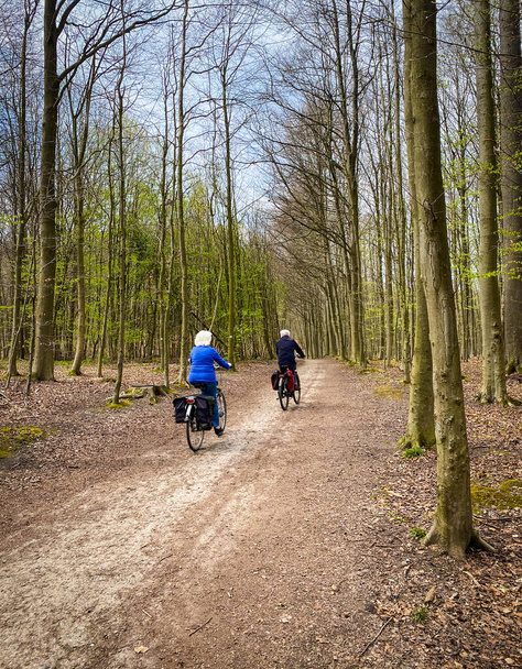 Двоє стареньких кавказьких людей їдуть на велосипеді в Соні, неподалік від Брюссельської ери (Бельгія). - Фото, зображення
