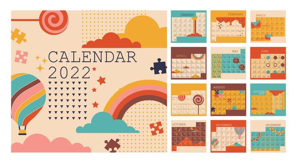 Calendario 2022, organizzatore pianificatore, lunedì inizio settimana, layout verticale, impostato per 12 mesi da gennaio a dicembre. Illustrazioni isolate multicolori vettoriali con disegni diversi - Vettoriali, immagini
