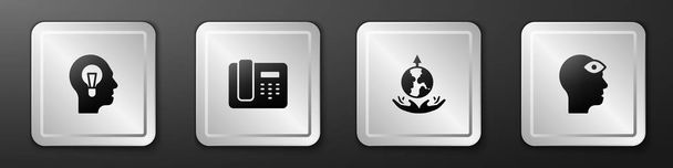 Set Human with lamp bulb, Telephone 24 hours support, World expansion and Man third eye icon. Silver square button. Vector - Vector, Image