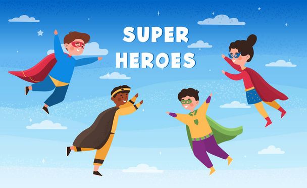 superheroes flying in cloudy sky - Vetor, Imagem