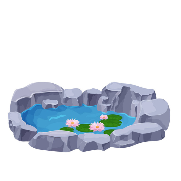 Lago com água calma, flores de lírio, bulrush e pedras em estilo cartoon isolado no fundo branco. Lago natural ao ar livre. .. Ilustração vetorial - Vetor, Imagem
