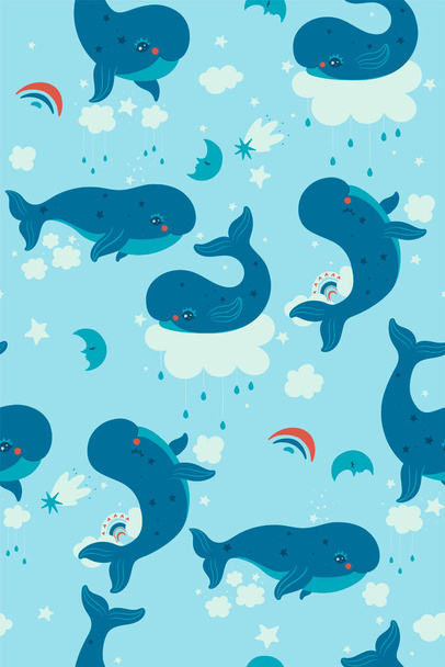 Seamless pattern with cute whales in the sky. Vector image. - ベクター画像