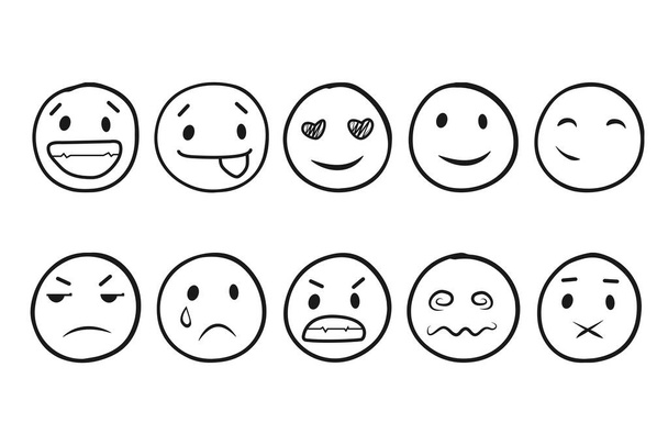Eine Reihe von runden Vektorgesichtern, unterschiedliche Emotionen. Set von emoticons niedlichen emoticon linearen Stil. Schwarz auf weißem Hintergrund - Vektor, Bild