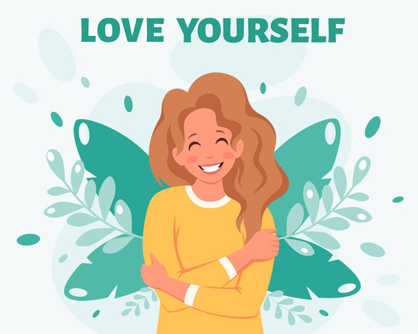 Love yourself concept. Woman hugging herself. Vector illustration - Vector, Image