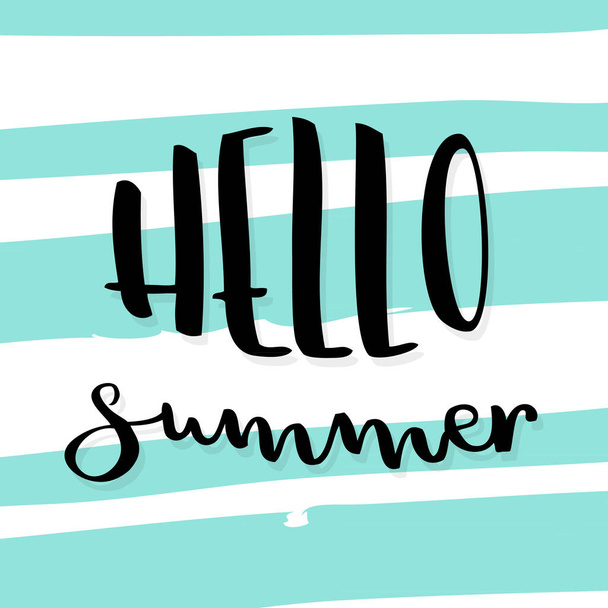 Hello summer lettering. Striped background. Vector illustration, hand drawn design - ベクター画像