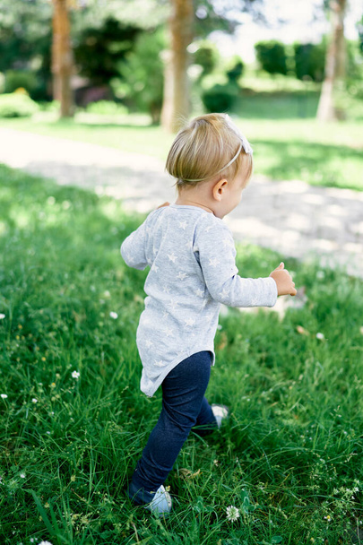 Το παιδί περπατάει στο πράσινο γρασίδι στο πάρκο. Πλευρική άποψη - Φωτογραφία, εικόνα