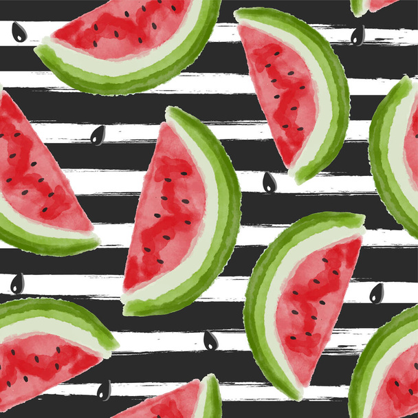 Seamless background with watercolor watermelon slices on trendy striped background. Vector illustration - Vector, Image