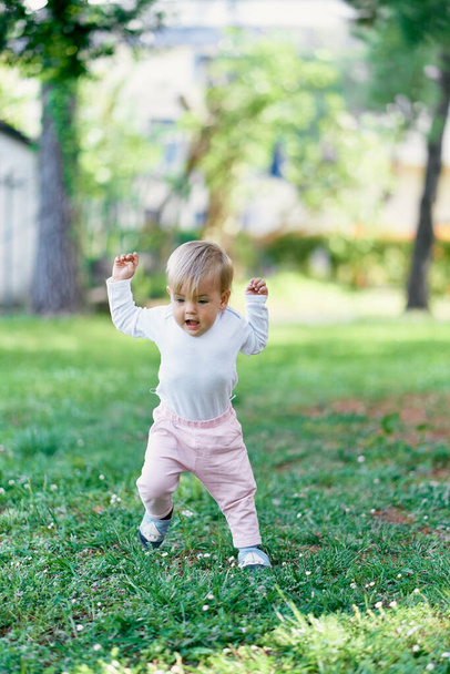 Kid walks on a green lawn with wildflowers raising his fists - Φωτογραφία, εικόνα
