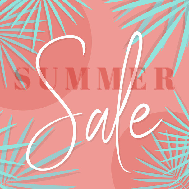 Summer sale banner. Abstract background with tropical palm leaves. Vector illustration, flat design - Vektör, Görsel