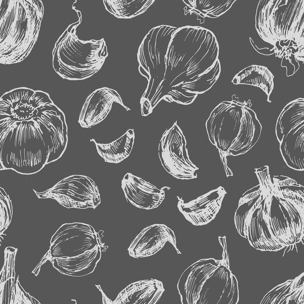 ニンニク野菜ベクトルグラフィックス。スケッチドアイラスト手描きプリントテキスタイル。ヴィンテージレトロなパターンシームレスセットクリッパースパイシーな調味料食品 - ベクター画像