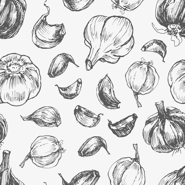 garlic vegetables vector graphics. Sketch doodle illustration hand drawn print textile. Vintage retro patern seamless set clipart spicy condiments foods - Vektor, obrázek