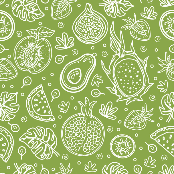 Cute background with tropical fruits. Seamless pattern with line drawn dragonfruit, kiwi, melon, strawberry, papaya. Trendy design for wallpaper, textile, packing, fabric, paper, packaging. Vegan - Vektori, kuva