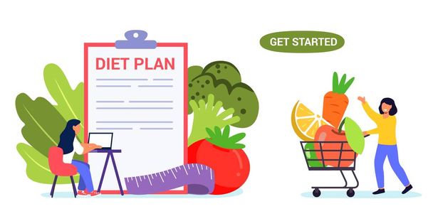 Modelo de site vetorial plano de dieta Pessoas minúsculas nutricionista e plano de dieta checklist com legumes e frutas Programas de dieta Vegan Conceito de alimentação saudável - Vetor, Imagem