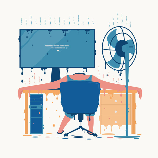 A person working in a warm place at a computer using a fan at home or in the office. Vector illustration. - Vettoriali, immagini