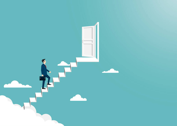 Businessman walking on up to the ladder open the door to success. Leadership and success concept. Business finance. Vision, Achievement, Target, Career. Vector illustration flat - Vetor, Imagem