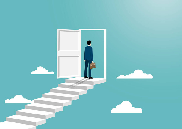 Businessman in suit stand to the opened door. Man opens door looking for work. Business success concept. Motivation and startup concept. Beginning of business career. Vector illustration flat design - ベクター画像