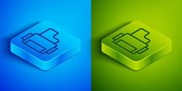 Isometric line Camera vintage film roll cartridge icon isolated on blue and green background. 35mm film canister. Filmstrip photographer equipment. Square button. Vector - Vector, Image