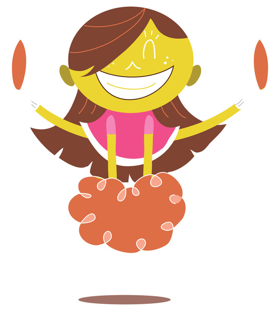 fiatal illusztrációja egy mosolygós sárga pompomlány, ugrás, és szurkolni, csinál egy osztott a levegőben. úgy néz ki, izgatott. - Vektor, kép