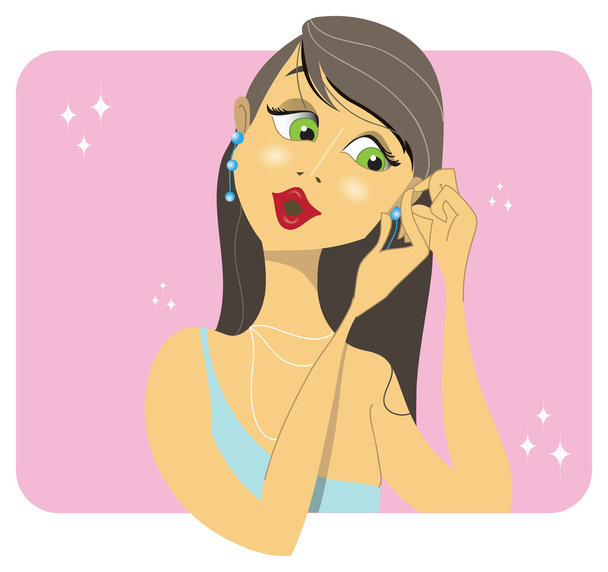 brunette vrouw plaatsen haar oorbellen - Vector, afbeelding