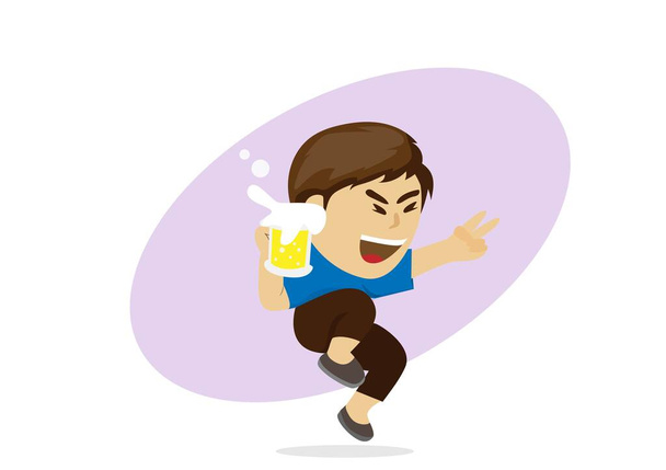 彼は喜びのためのジャンプジェスチャーを作るように幸せな男性キャラクターはビールを飲む。フラットベクトル漫画イラスト - ベクター画像