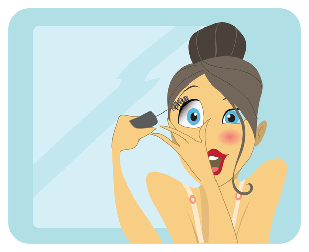 Cute brunette applying mascara or eyeliner - Vector, Image