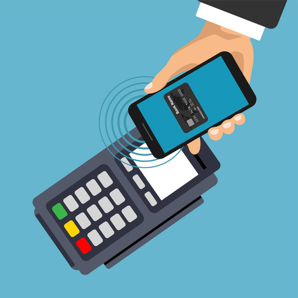 Vektör pos terminali ödemeyi akıllı telefondan doğruladı. NFC ödeme konsepti. Cep telefonu ve temassız ödeme. Ücret kartı konsepti. - Vektör, Görsel