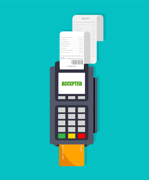 POS terminal usage. Machine slot with receipt. Accepted payment by credit card and entered PIN. Vector illustration. Isolated. - Vector, Image