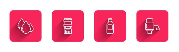 Set line Water drop, cooler, Bottle of water and Mechanical pump for with long shadow. Red square button. Vector - Vector, Image