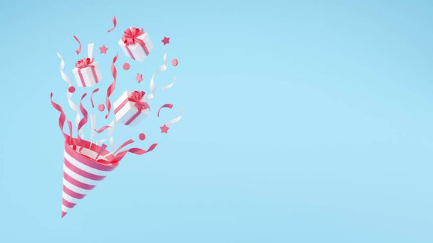 Partido popper con vuelo confeti y cajas de regalo 3d render ilustración. - Foto, Imagen