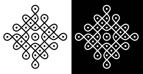 Indyjska tradycyjna i kulturalna koncepcja Rangoli lub Kolam projekt zakrzywione linie i kropki izolowane na czarno-białym tle - ilustracja wektor - Wektor, obraz