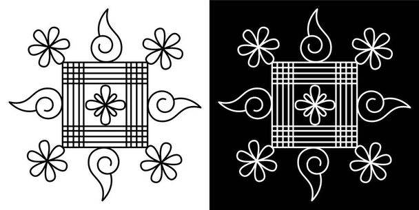 Hermoso indio cultural Rangoli concepto de diseño de líneas rectas, flores y conchas de caracol aislados sobre fondo blanco y negro - ilustración vectorial - Vector, imagen