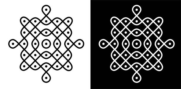Rangoli tradicional y cultural indio o concepto de diseño Kolam de líneas curvas y puntos aislados sobre fondo blanco y negro - ilustración vectorial - Vector, imagen