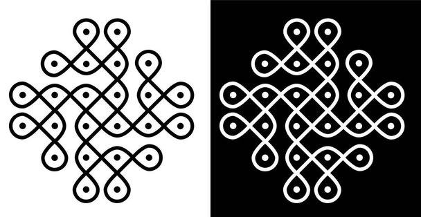 Rangoli tradicional y cultural indio o concepto de diseño Kolam de líneas curvas y puntos aislados sobre fondo blanco y negro - ilustración vectorial - Vector, imagen