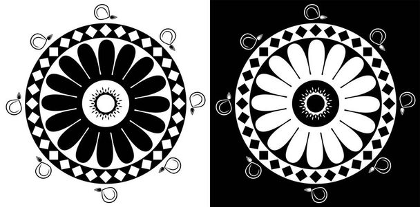 Indio tradicional y cultural Rangoli mandala concepto de diseño de arte floral aislado sobre fondo blanco y negro - Vector, imagen