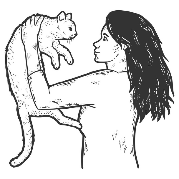 Женщина держит кота. Цветовая имитация эскизов. - Вектор,изображение