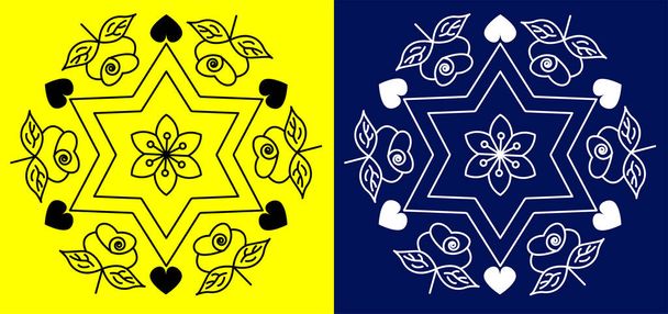 Mandala design koncept hvězd s růžovými květy a milostné symboly izolované na žlutém a modrém pozadí  - Vektor, obrázek